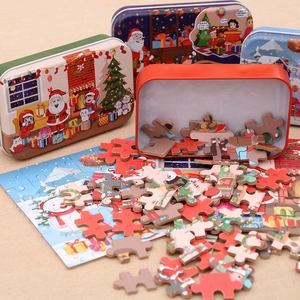 Christmas wooden DIY puzzle set for kids featuring Santa Claus in a festive tin storage box