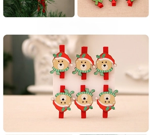Set di 6 mollette natalizie in legno con grazioso design a orso e cappelli di Babbo Natale