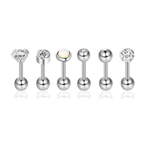 Detailed set of 6 stainless steel body piercings with zircon and opal stud highlights