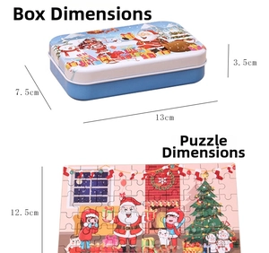 Detail view of Santa Claus Christmas puzzle set with dimensions and tin storage box