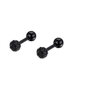 Close-up of black stainless steel labret studs with faceted disco ball zircon detail