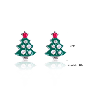 Detail of Christmas tree stud earring with green enamel, red star, and colorful rhinestones