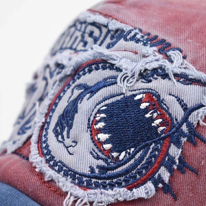 Red washed cotton baseball cap featuring high-quality shark 3D letter embroidery