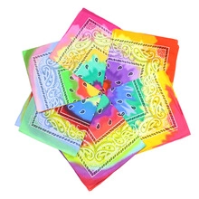 Detailed fan-folded circular display of multi-color tie-dye paisley pattern bandanas