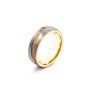 Two-tone stainless steel ring with brushed silver finish and center row of clear zircons