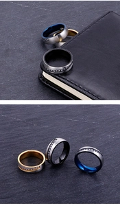 Brushed stainless steel men's rings with rhinestone inlay in gold, black and blue finishes