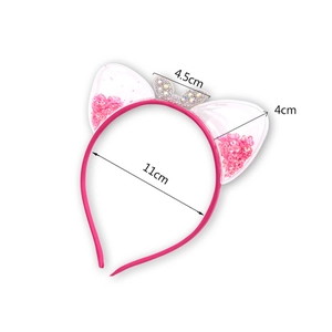 Cute pink cat ear headband for girls with glitter sequins and rhinestone bow detail