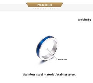 Vue détaillée d'une bague en acier inoxydable de 5mm avec insert bleu et poli argenté