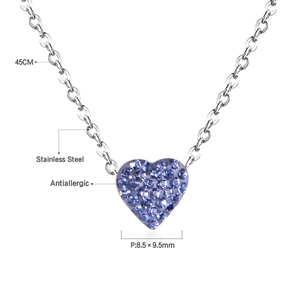 Detailed specs of antiallergic heart necklace with blue rhinestones and stainless steel chain