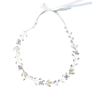 Exquisite gold bridal headband with sparkling rhinestones and delicate metal leaves
