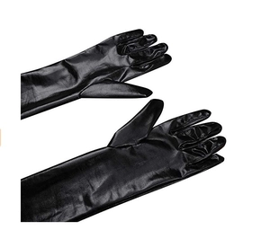Detailed view of long black faux leather gloves with shiny finish on white background