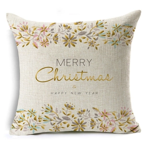 Linen Christmas pillow case with gold Merry Christmas text and blue floral patterns