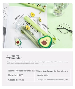 Detailed view of waterproof PVC avocado pencil case showing 200x90mm dimensions