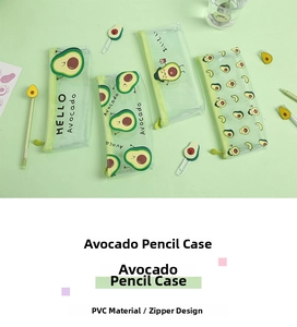 Detailed view of four transparent avocado pencil cases with colorful zippers and patterns