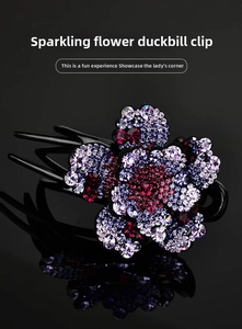 Macro shot of sparkling purple rhinestone flower hair clip with multi-tooth duckbill grip
