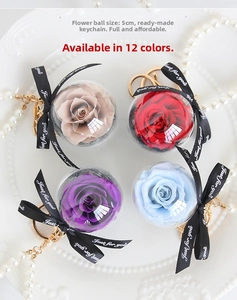 Close-up of colorful preserved rose flower ball keychains with Just for you ribbon