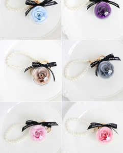 Six different colors of preserved rose sphere keychains with elegant pearl wrist chains