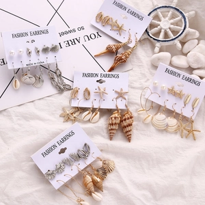 Women Ocean Theme Earrings Shell Conch Starfish Artificial Pearl Alloy Jewelry Beach Vacation Bohemian Style Accessories