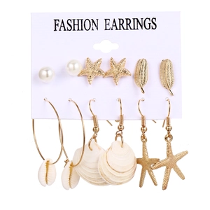 6 pairs of gold ocean theme earrings with starfish, seashells and pearls for women