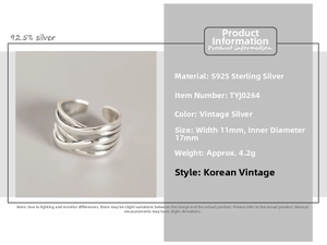 Detailed view of S925 sterling silver woven ring with 11mm width and 17mm diameter