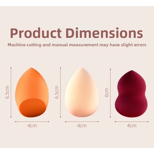 Detailed dimension guide for teardrop and gourd shaped makeup sponges in various colors
