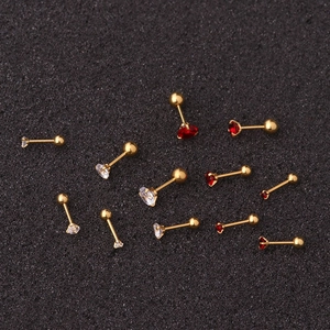 Set of 13 gold stainless steel ball stud earrings with red and clear cubic zirconia stones