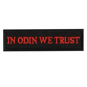 Tactical Viking patch featuring red In Odin We Trust embroidery on black nylon fabric