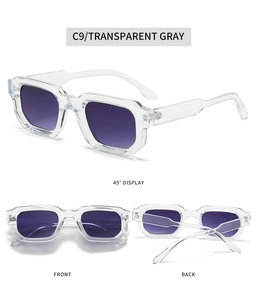 Three-view display of transparent gray thick-frame square sunglasses in multiple angles