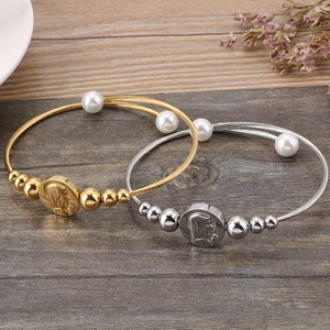 Retro steel wire bracelet with pearl accents and classical portrait cameo in gold and silver