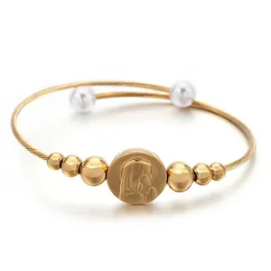 18K Gold Plated Stainless Steel Twisted Cable Bracelet Virgin Mary Medallion Faux Artificial Pearl Open Cuff Retro Jewelry Women
