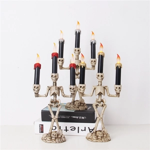 Three-piece Halloween skeleton LED candle lights with RIP gravestone and skull base