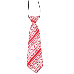 Christmas dog tie with reindeer and snowflake patterns on a vibrant red background