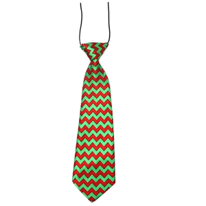 Macro detail of Christmas pet tie with red and green chevron pattern and elastic cord