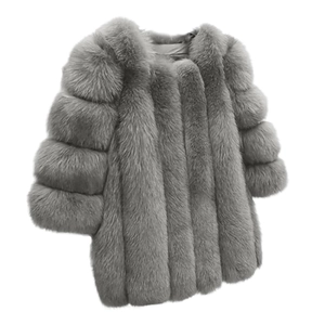Detailed view of grey faux fur coat featuring horizontal striped stitching and plush texture