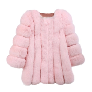 Detail of pink faux fur coat showing vertical stripe texture and soft plush material