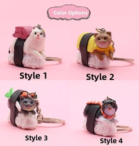 Detail showing four styles of creative sushi cat keychains with resin cat figures and rings
