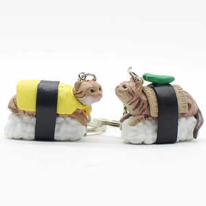 Cute sushi cat keychain set featuring Tamago and salmon designs for bags and accessories