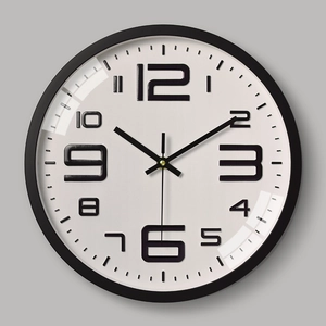 12-inch modern round wall clock with 3D black Arabic numerals on a white dial