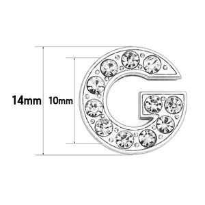 Macro view of a 10mm chrome letter G charm with sparkling white rhinestones for DIY bracelets