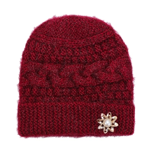 Damen Winter Verdickte Strickmütze Mohair-ähnliche Wollmischung Vliesfutter Warme Omahut Mit Perlenblumen-Dekoration Für Senioren Mittleres Alter Lässig Outdoor Kälteschutz Mütze