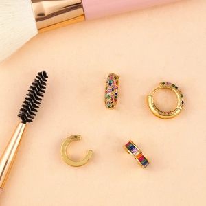 Rainbow cubic zirconia gold ear clip set with four stylish non-piercing cuffs