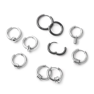 Mens punk hip hop stainless steel hoop earrings with cone and bead charms in black and silver