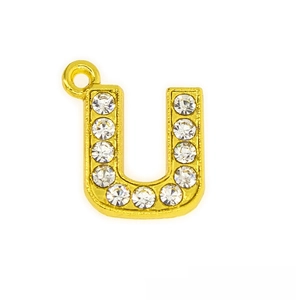 Detailed macro view of 15mm gold-plated letter U pendant with sparkling crystals