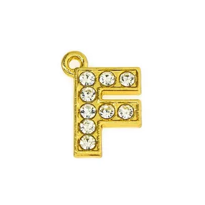 Detailed view of gold-plated letter F pendant with inlaid rhinestones for jewelry making