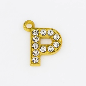Detailed view of gold plated 15mm letter P pendant inlaid with sparkling white zircons