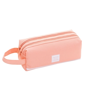 Estuche rosa de doble capa en tela oxford con asa y eslogan sunshine sobre fondo blanco