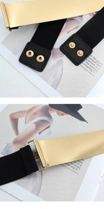 Detailansicht des elastischen Damen-Taillengürtels mit goldener Metallplatte und Druckknopf