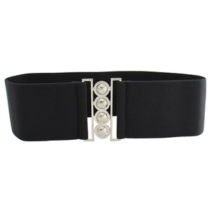 Women's minimalist black elastic waist belt with decorative silver metal ring buckle