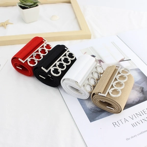 Elastic wide corset belt for women with decorative four-ring silver metal buckle closure