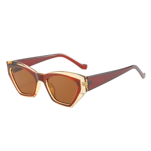 Fashionable geometric cat-eye sunglasses with transparent amber dual-tone frame and brown lenses